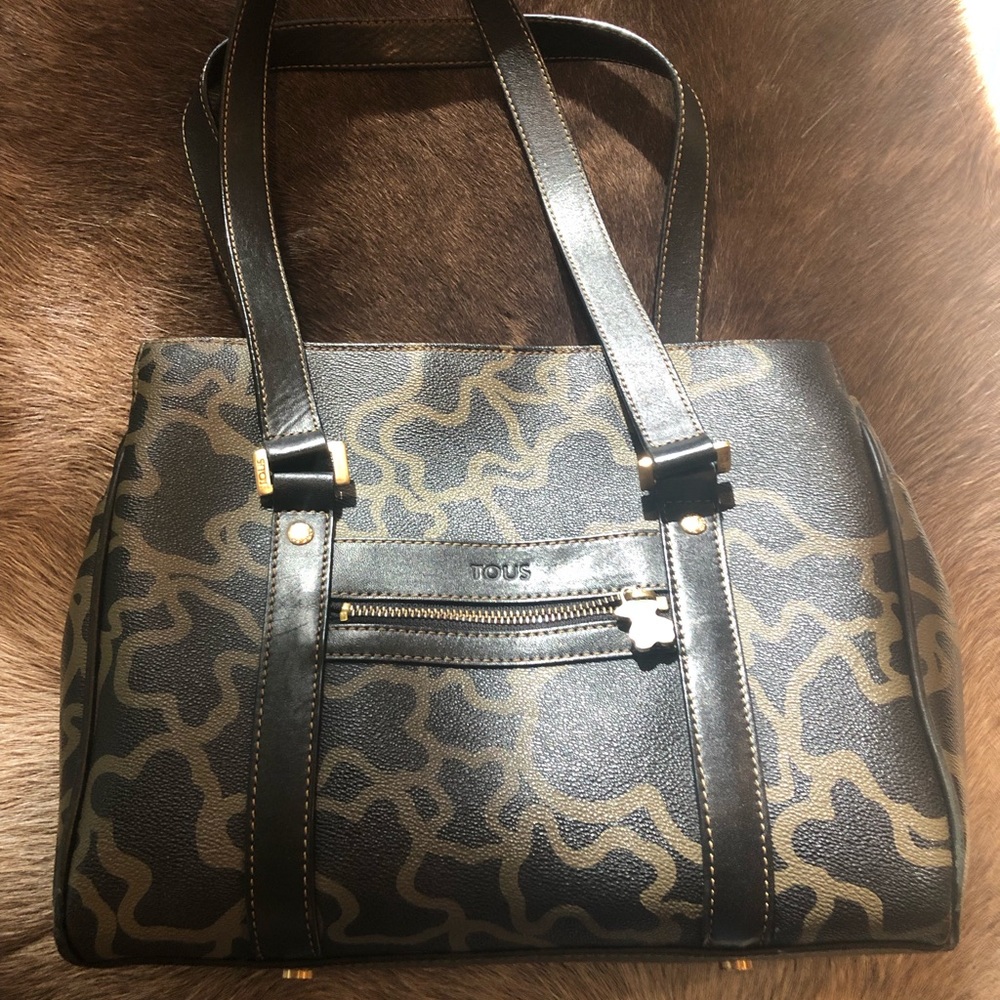 TOUS Kaos Black & Tan Canvas Shoulder Handbag w/ Gold Accents & Blue Charms